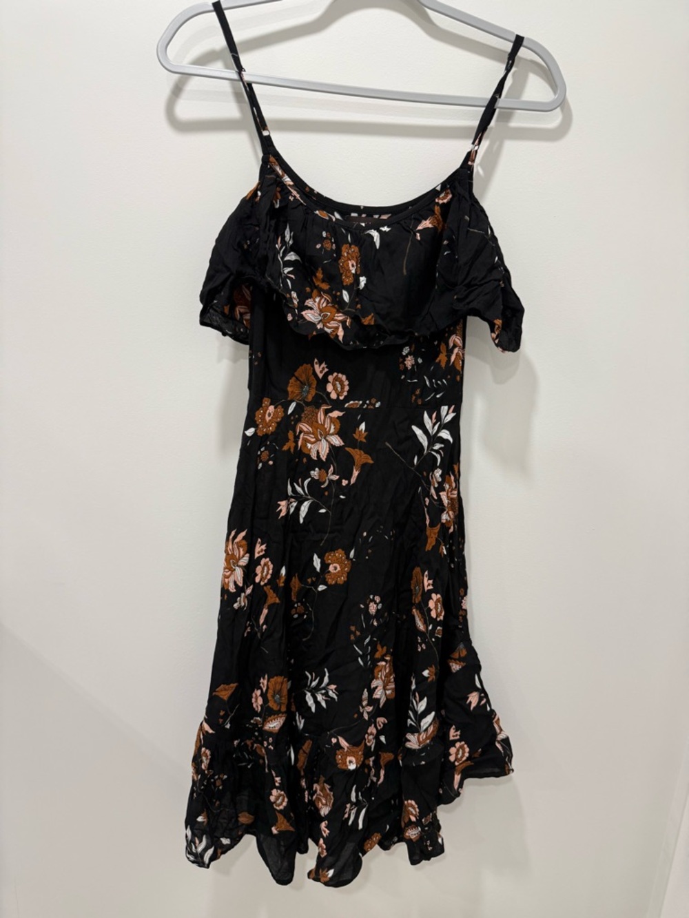 Off-Shoulder Black Floral Midi Dress with Ruffle Detail